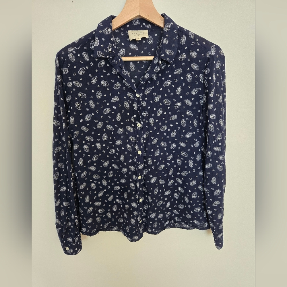 Sezane Navy Blue Paisley Button-Down Shirt